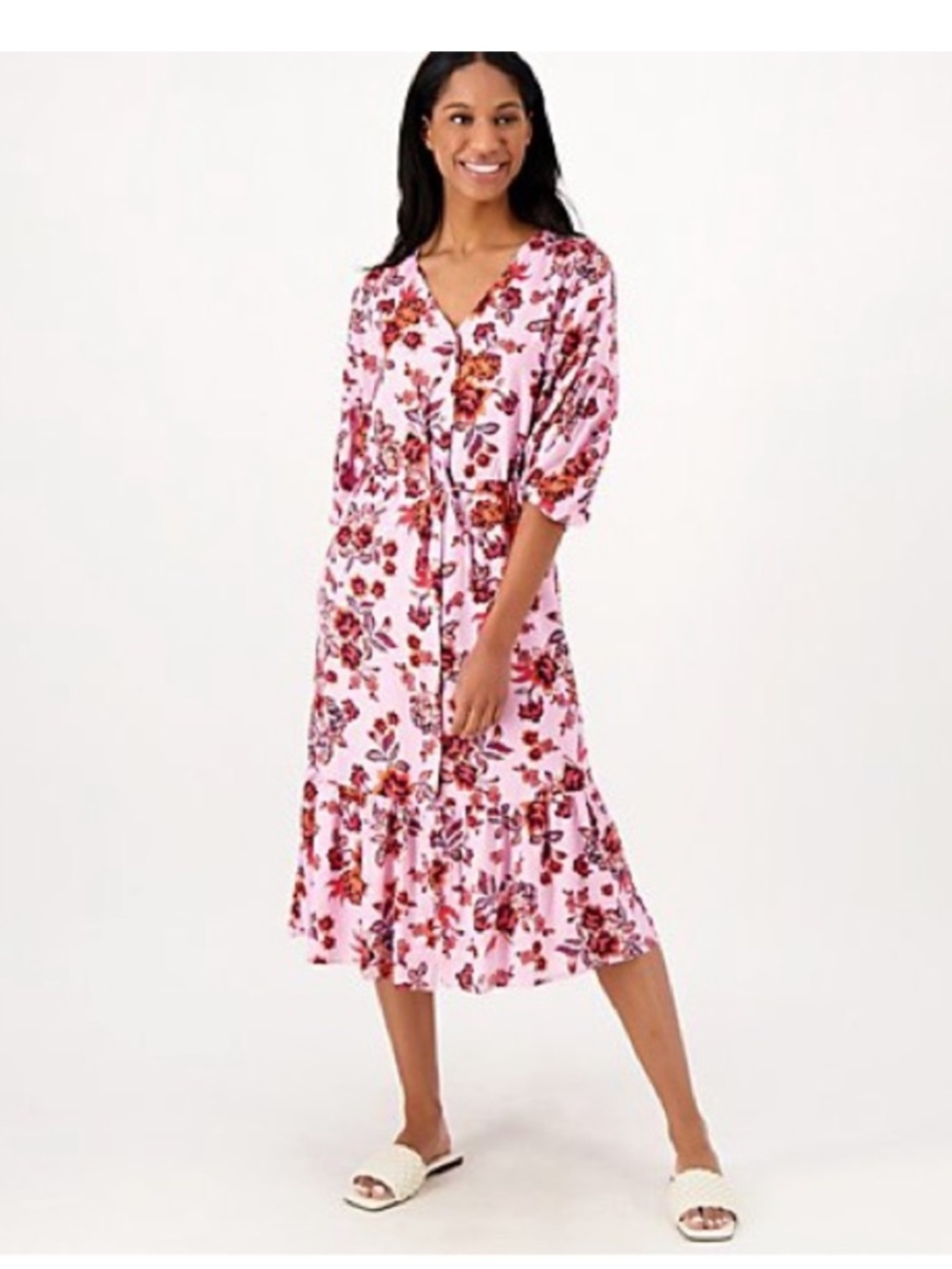 Candace Cameron Bure Pink Floral Tie-Waist Midi Dress